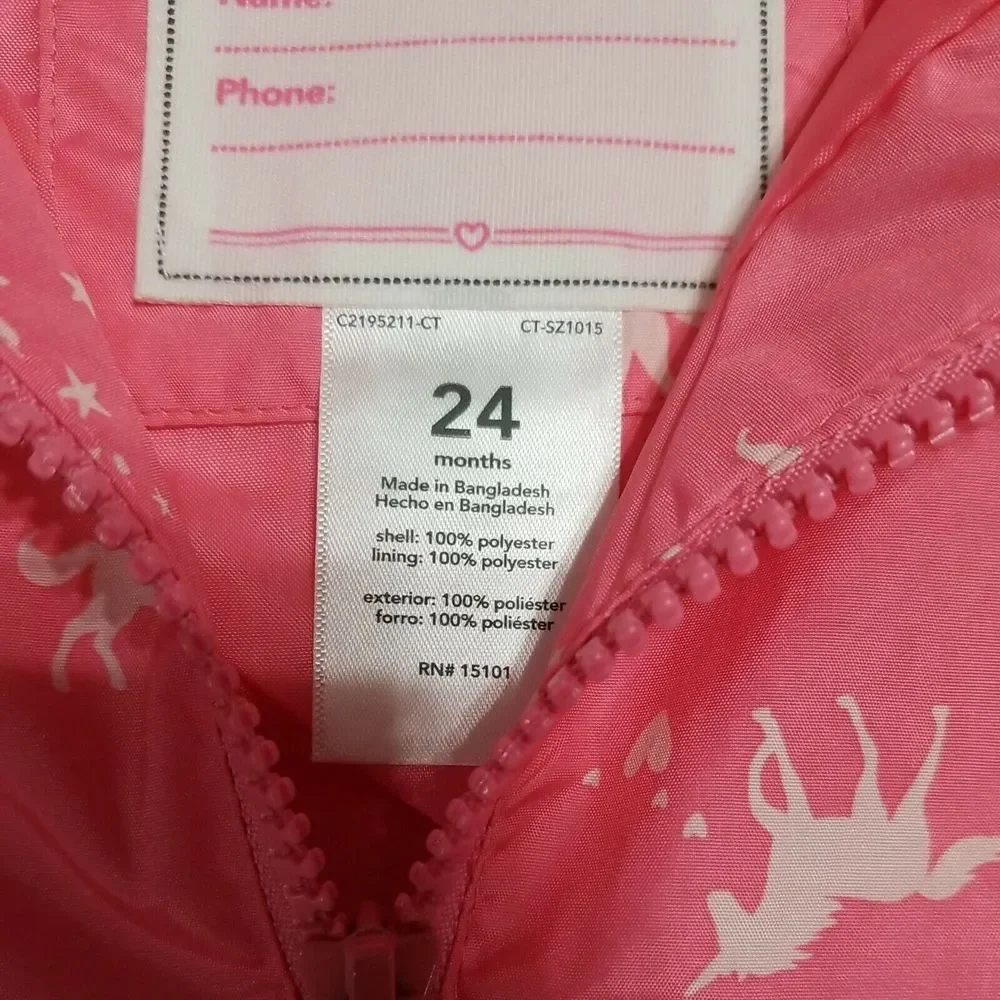 Carter's Girls 24 Mouth Unicorns‎ Stars Raincoat Jacket Coat Pink Hooded Kids